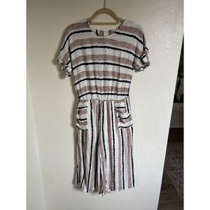 Orange Creek Jumpsuit Medium Striped White Brown Black Short Sleeve‎ Pockets
